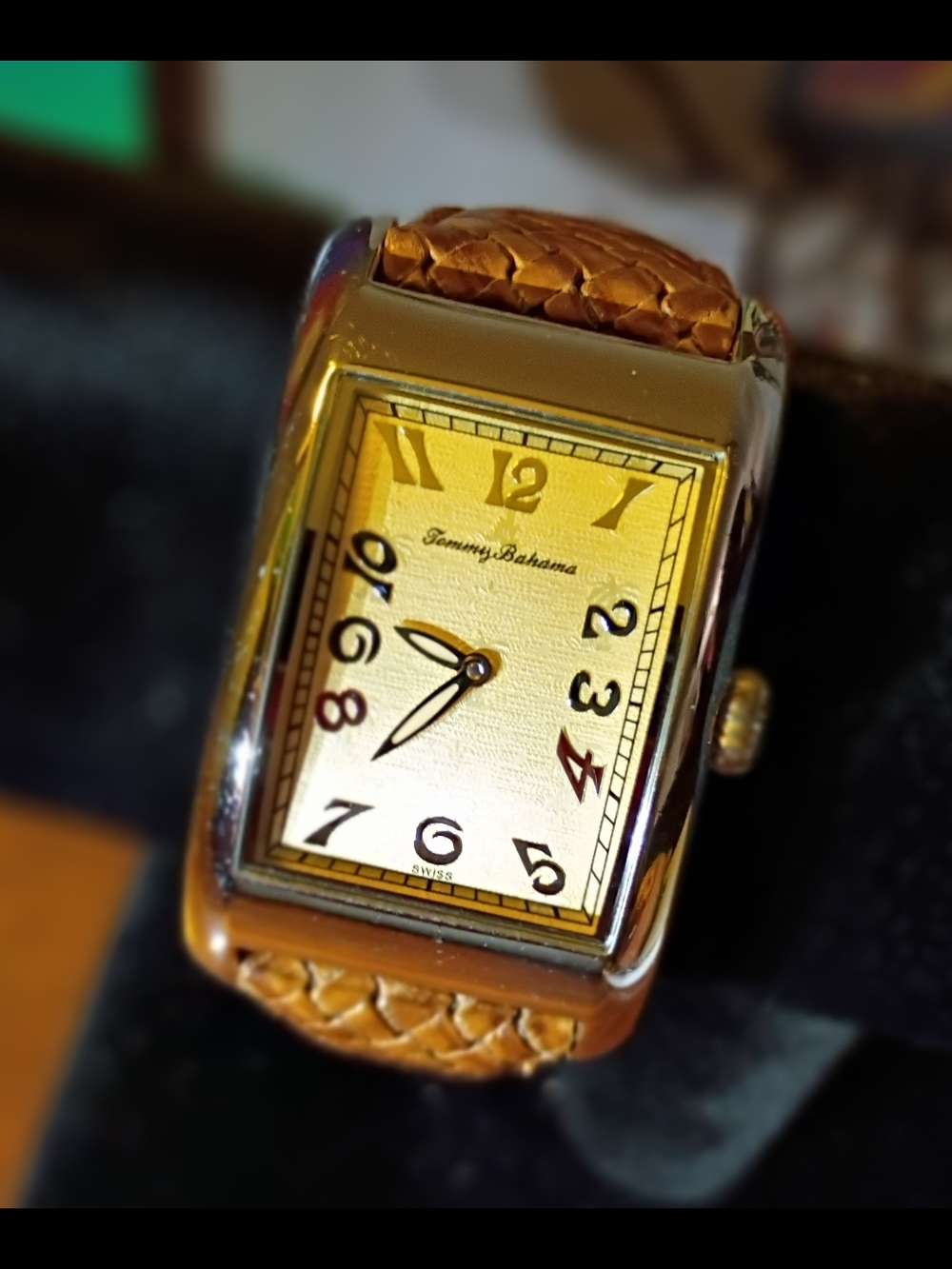 Tommy Bahama Gold-Tone Rectangular Dial Watch with Tan Braided Strap